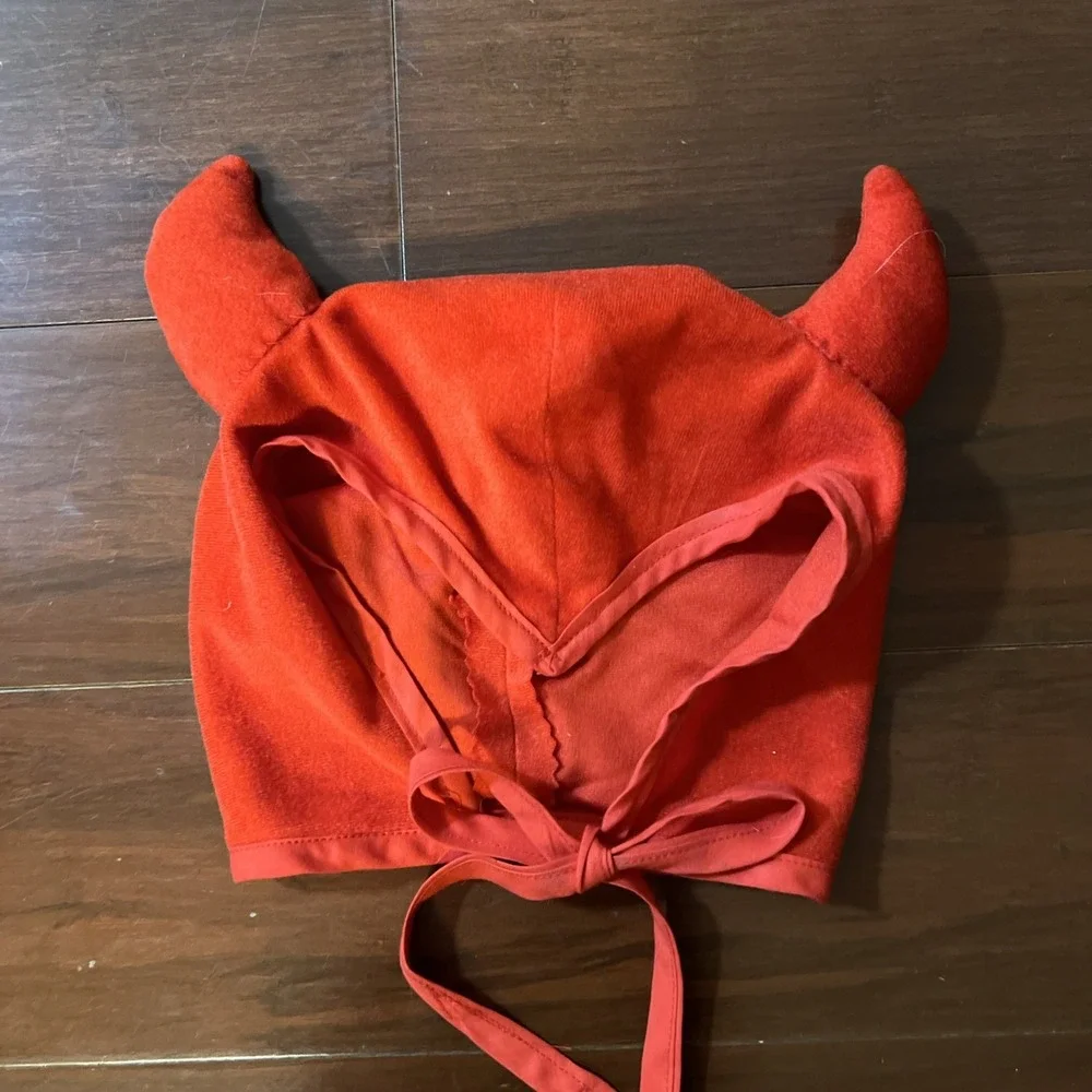 Vtg 70s Handmade Red Devil Costume Child Devil's Horn Head Cover, Cape Sz 8-10Y